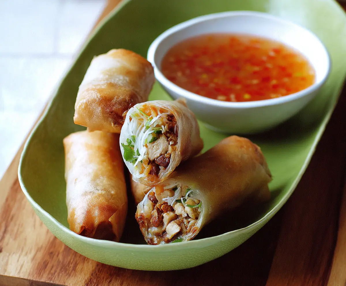 Thai chicken spring rolls served with sweet chili sauce, garnished with fresh herbs and vegetables.