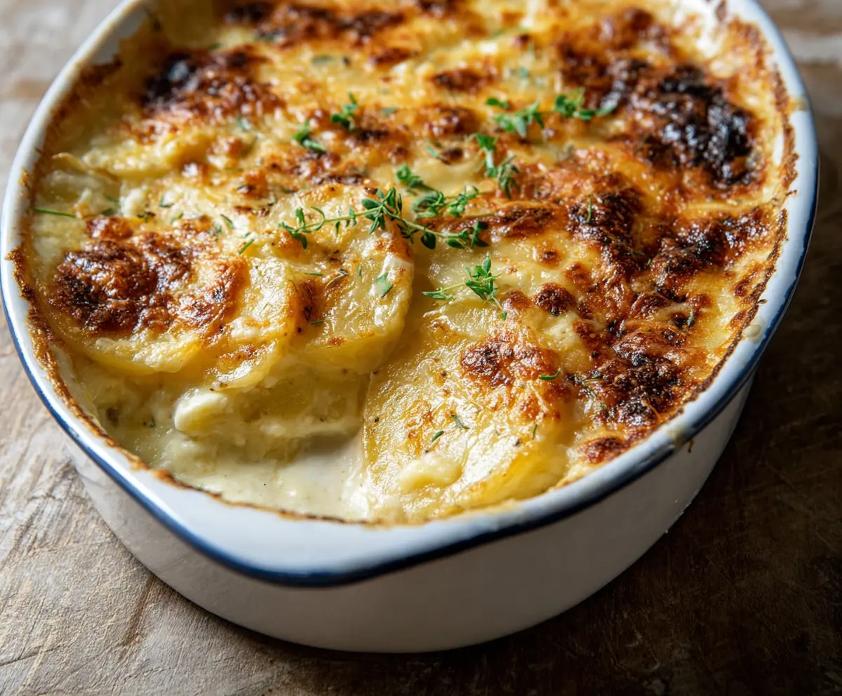 Delicious three cheese scalloped potatoes dish with golden bubbly cheese topping