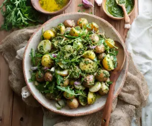Fresh arugula pesto potato salad with herbs and vegetables.