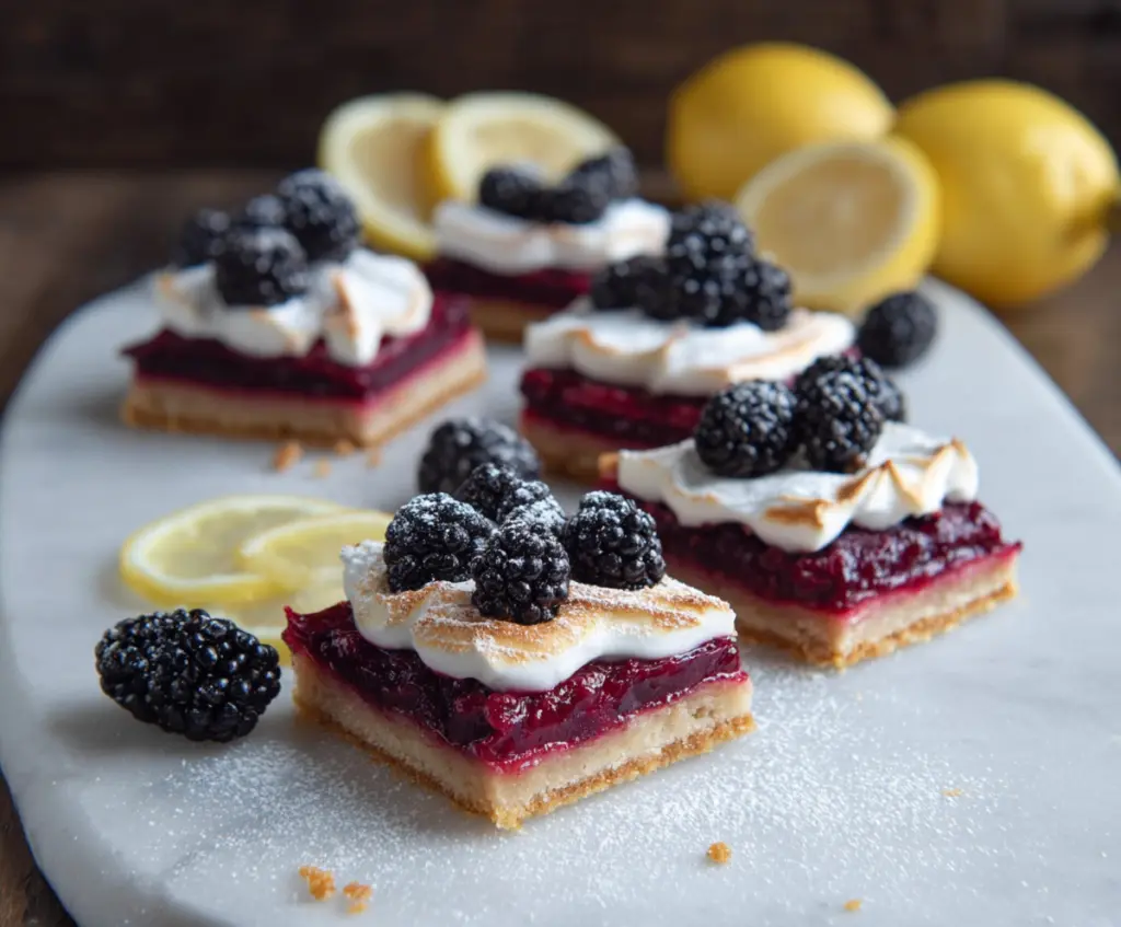 Delicious blackberry lemon squares with a glossy glaze on a white plate.