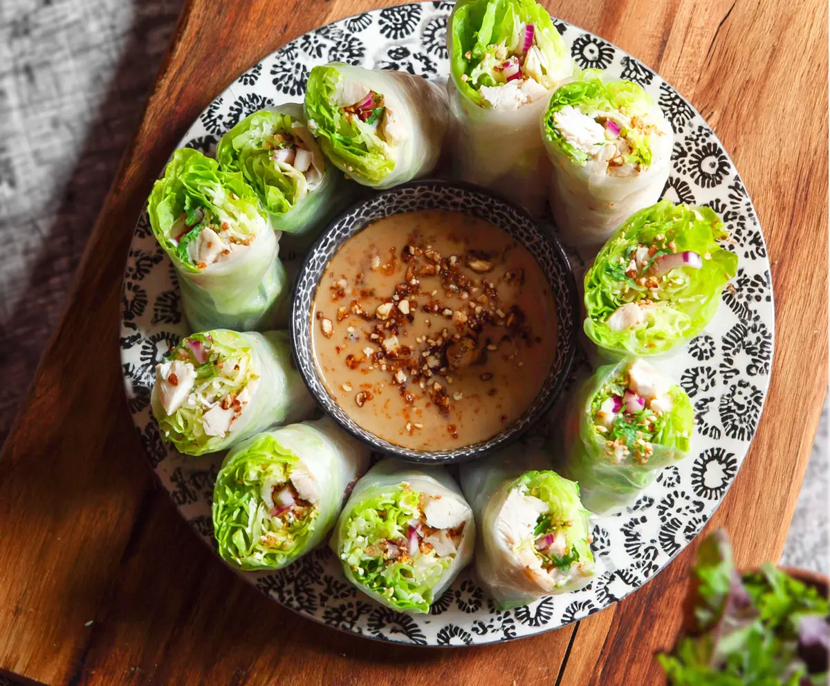 Delicious Caesar Chicken Rice Paper Rolls with fresh lettuce and crispy vegetables for a healthy snack