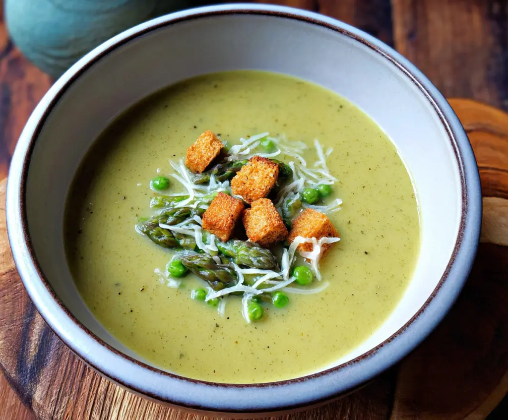 Cream of Spring Vegetable Soup in a bowl with fresh vegetables and herbs