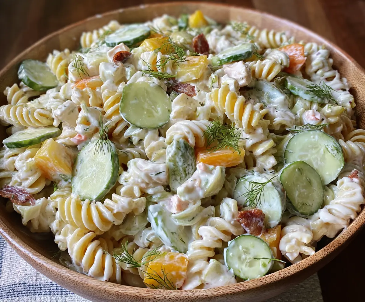 Delicious Dill Pickle Ranch Pasta Salad with fresh herbs and crunchy vegetables