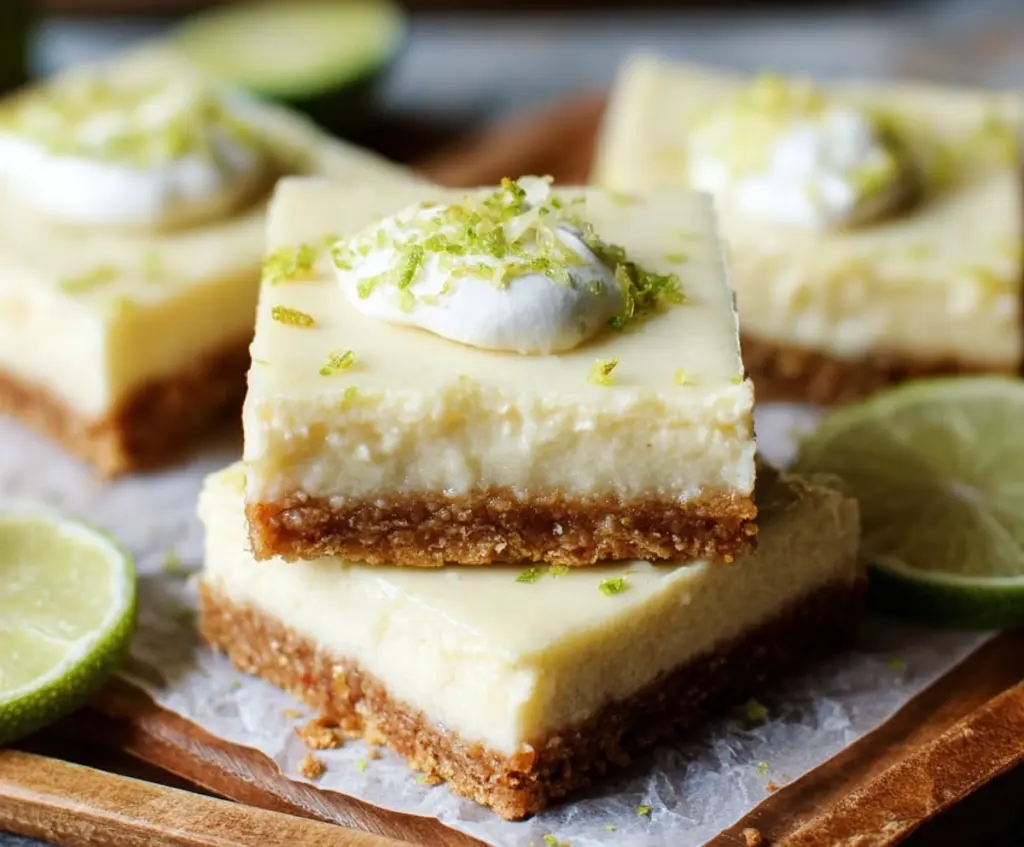 Slice of delicious Key Lime Pie Bars with a graham cracker crust and vibrant lime filling on a white plate.