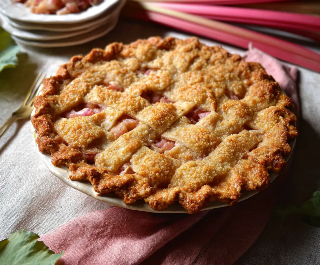 Delicious homemade rhubarb pie with a golden crust and vibrant pink filling on a rustic surface.
