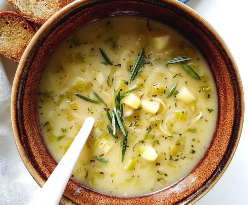 Creamy rustic potato leek soup served in a rustic bowl with fresh herbs on top.