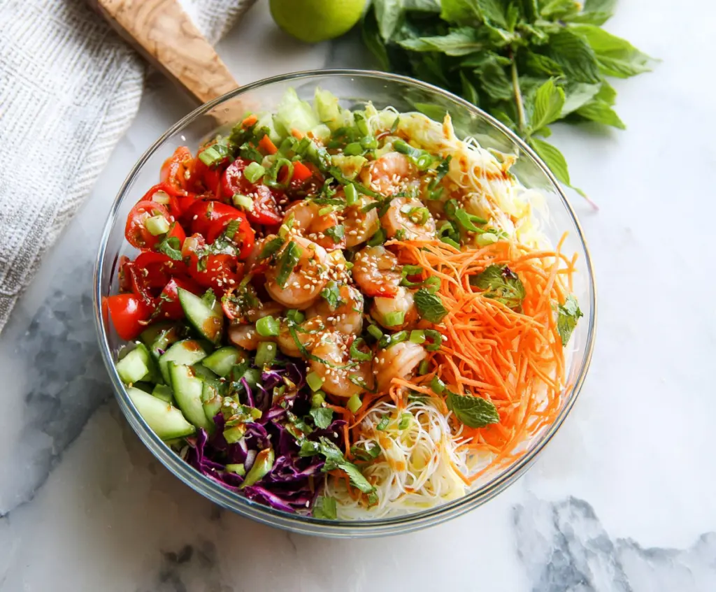 Colorful spring roll salad garnished with fresh vegetables and herbs with spicy ginger dressing.