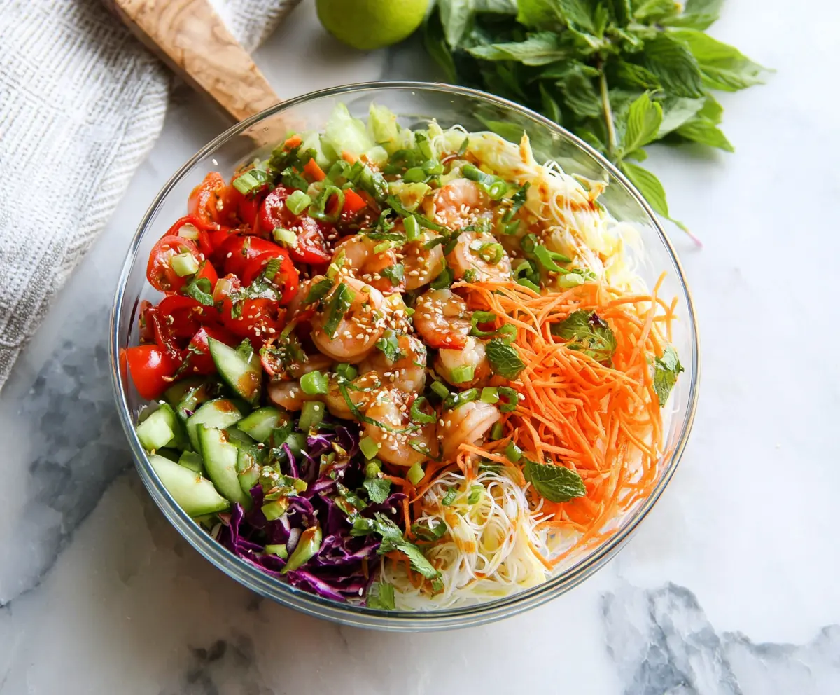 Colorful spring roll salad garnished with fresh vegetables and herbs with spicy ginger dressing.